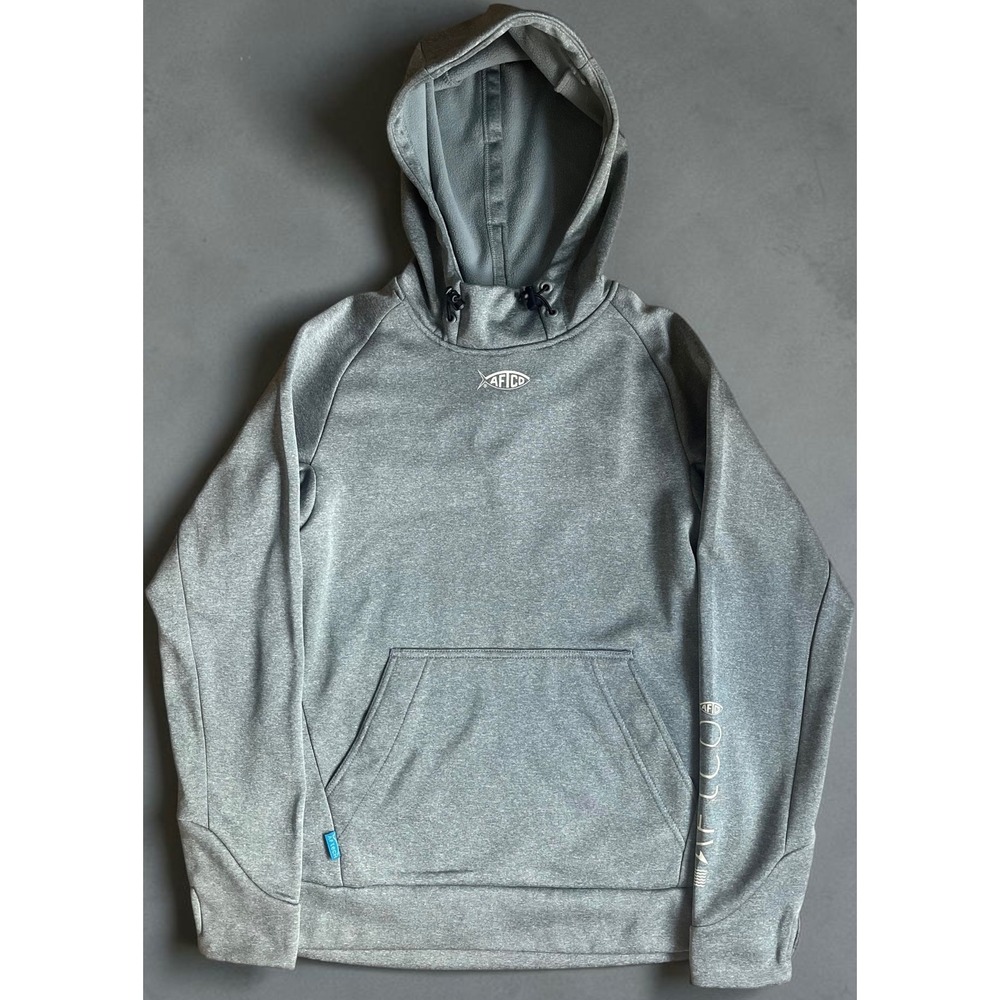 AFTCO Reaper Technical Fishing Hoodie Mens Small Gray Performance Face Mask Logo